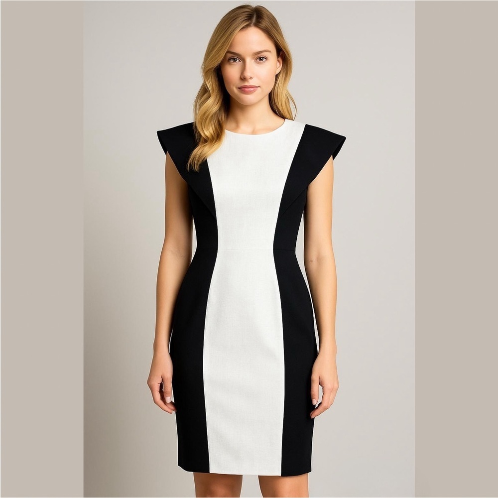 Vintage 90s Ann Tobias Sheath Dress Black & Off-White Shoulder Pads Size 10‎